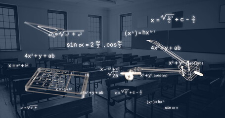 Image of school icons and mathematical equations over empty classroom