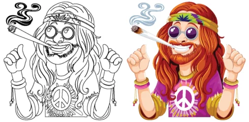 Rolgordijnen Colorful illustration of a cheerful hippie smoking. © GraphicsRF