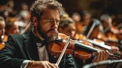 Fototapeta premium An adult man plays the violin in a symphony orchestra on a blurred background.