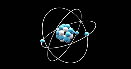 Image of atom model spinning on black background