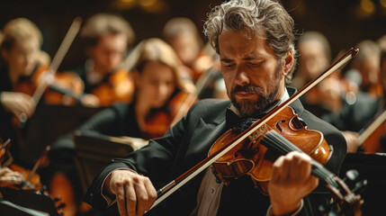 An adult man plays the violin in a symphony orchestra on a blurred background. - obrazy, fototapety, plakaty
