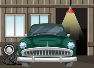 Rolgordijnen Classic green car parked inside a wooden garage © GraphicsRF