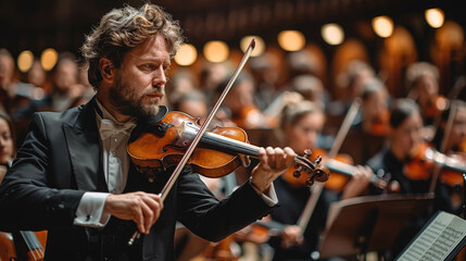 An adult man plays the violin in a symphony orchestra on a blurred background. - obrazy, fototapety, plakaty