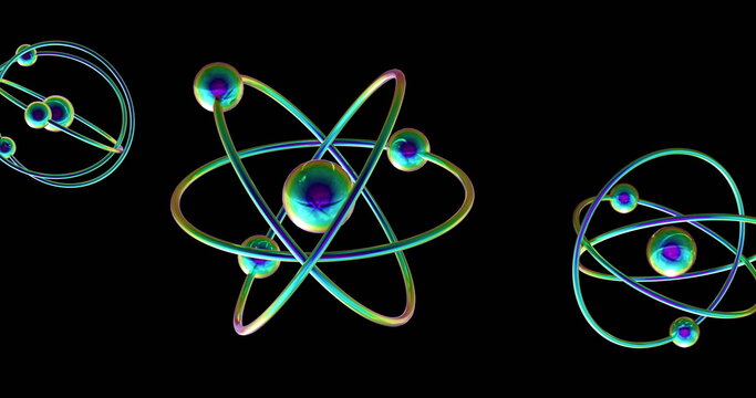 Image of atom models spinning on black background - Powered by Adobe
