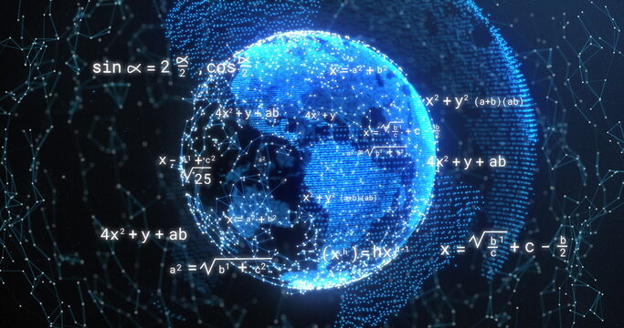 Image of mathematical equations over globe and network of connections on black background