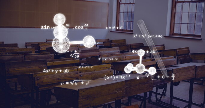 Image of mathematical equations and icons over empty classroom