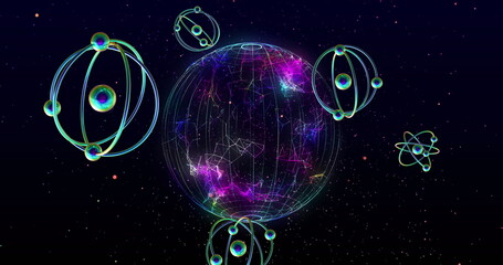 Image of atom models spinning and globeon black background