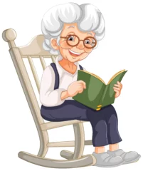 Schilderijen op glas Elderly woman smiling, reading a book in a rocking chair. © GraphicsRF