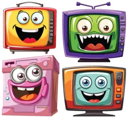 Gordijnen Four cartoon appliances with expressive faces © GraphicsRF