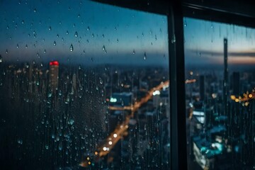 A close-up of raindrops on a window, blurring the view of the metropolis in the distance.