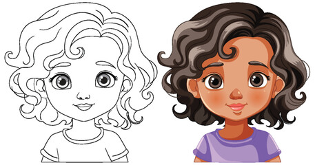 Two styles of a girl's portrait, colorful and outlined