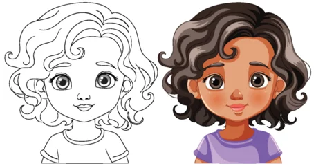 Cercles muraux Enfants Two styles of a girl's portrait, colorful and outlined