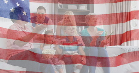 Image of flag of united states of america waving over smiling caucasian family