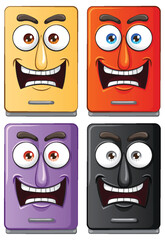 Four cartoon smartphones with expressive faces