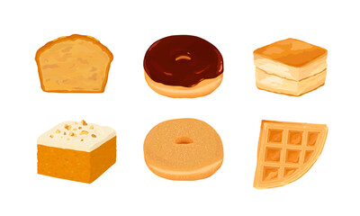 Set of various sweets. Hand drawn vector illustration. Donut, scone, waffle, banana cake, carrot cake.