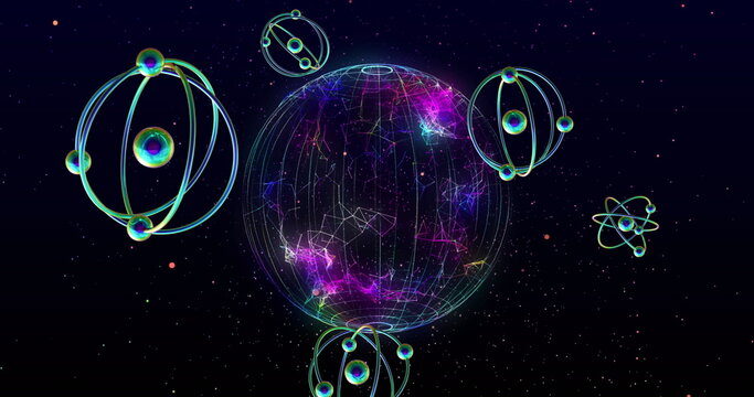 Image of atom models spinning and globeon black background