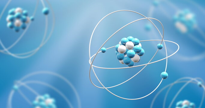 Image of atom models spinning on blue background