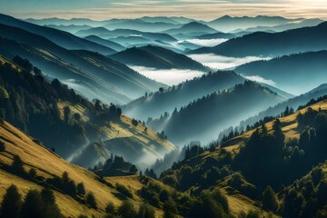 A misty mountain landscape with layers of hills disappearing into the distance  - obrazy, fototapety, plakaty