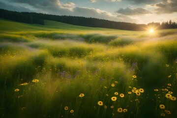 A peaceful meadow with wildflowers floating under a light breeze