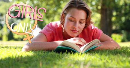 Image of girls only text over woman reading book