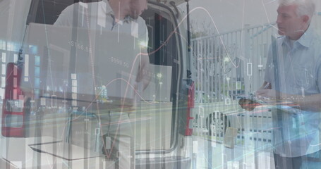 Image of statistics and financial data processing over delivery man and van