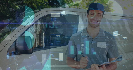Image of statistics and financial data processing over delivery man and van