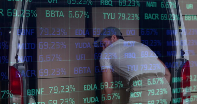 Image of financial data processing over delivery man and van