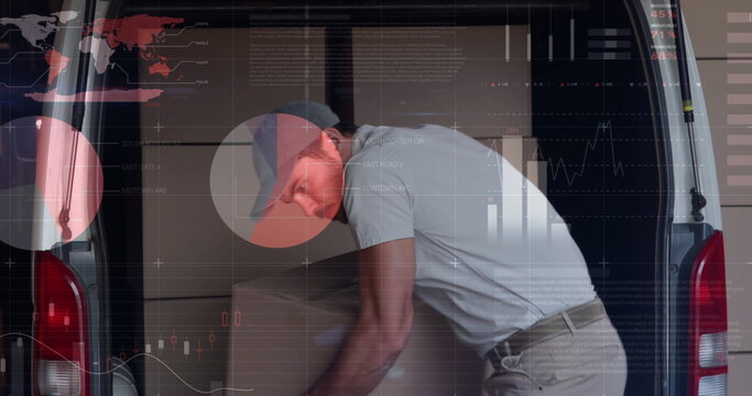 Image of statistics and financial data processing over delivery man and van