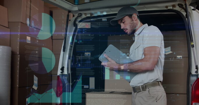 Image of statistics and financial data processing over delivery man and van