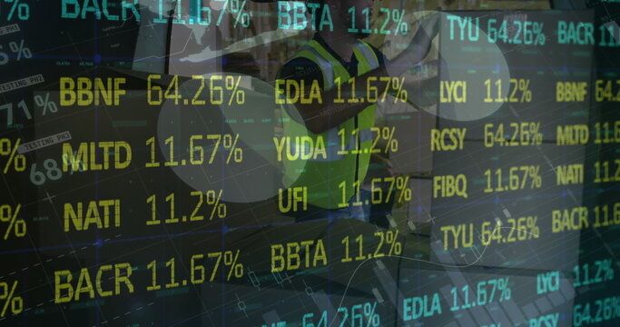 Image of financial data processing over delivery man and van