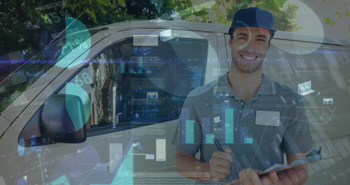 Image of statistics and financial data processing over delivery man and van