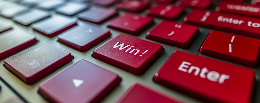 Enter to Win! highlighted red key on a keyboard, symbolizing online contests, giveaways, and the digital engagement in sweepstakes for exciting prizes
