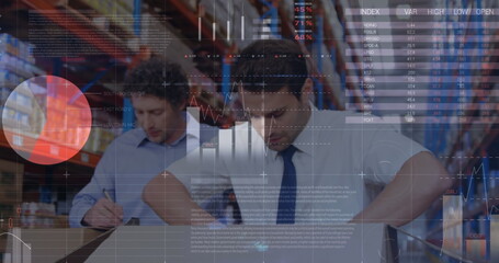 Statistical data processing against two male supervisors opening box and checking stock at warehouse