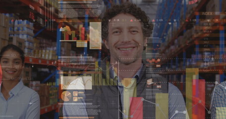 Obraz premium Screens with data processing against diverse male and female supervisors smiling at warehouse