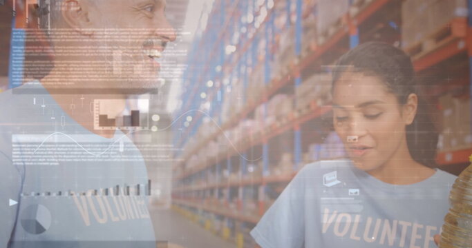 Screens with data processing over male and female volunteers checking their donations at warehouse