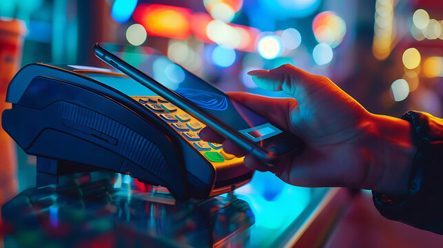 A Close-up View Of A Hand Holding A Smartphone Over A Payment Terminal, Processing A Contactless Mobile Payment. Generative AI Illustration 