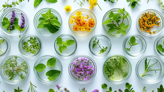 Petri dishes with different plants and flowers, science concept