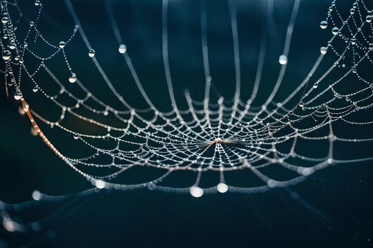A macro photograph of water droplets on a spider web in the early morning mist.