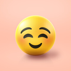 Happy smiling Emoji stress ball on shiny floor. 3D emoticon isolated.