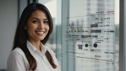 mexican american women, white board with statistic data background, business woman, red dress, glass, smart girl