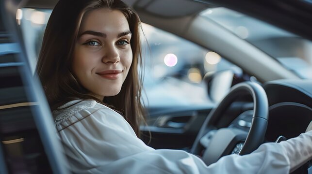 Confident young woman enjoying her drive in a modern vehicle at night. casual style, independent driver concept. focus on her bright smile. AI