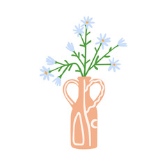 Spring flowers in vase. Summer floral plants, gentle field blooms. Delicate wildflowers, beautiful fragile stems. Natural interior decoration. Flat vector illustration isolated on white background - 757828315