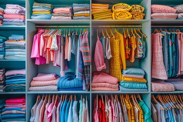 Nicely organised women's wardrobe filled with colourful clothes, cozy bedroom wardrobe. Female closet organization concept. Design for textile, interior, print.