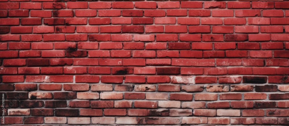 Poster A detailed closeup of a brown brick wall, showcasing the artistry of brickwork and the symmetrical pattern of rectangular bricks in shades of magenta