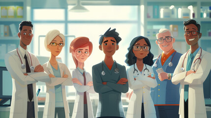 A group of cartoon doctors stand in a row