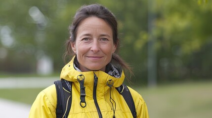 Smiling woman in yellow jacket on a bright, green background.