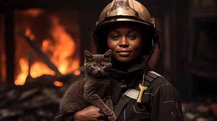 Female firefighter holding kitten at burnt house, international firefighters day concept, copy space