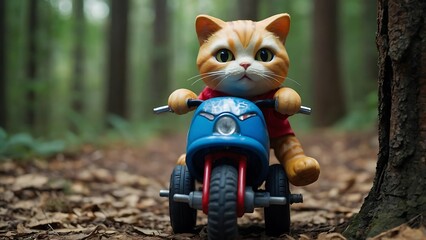 A toy cute cat roams in the jungle on a mini bike