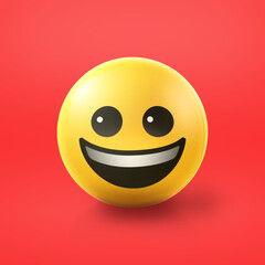 Happy smiling Emoji stress ball on shiny floor. 3D emoticon isolated.