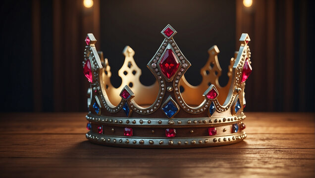 A gold crown with red and white jewels.